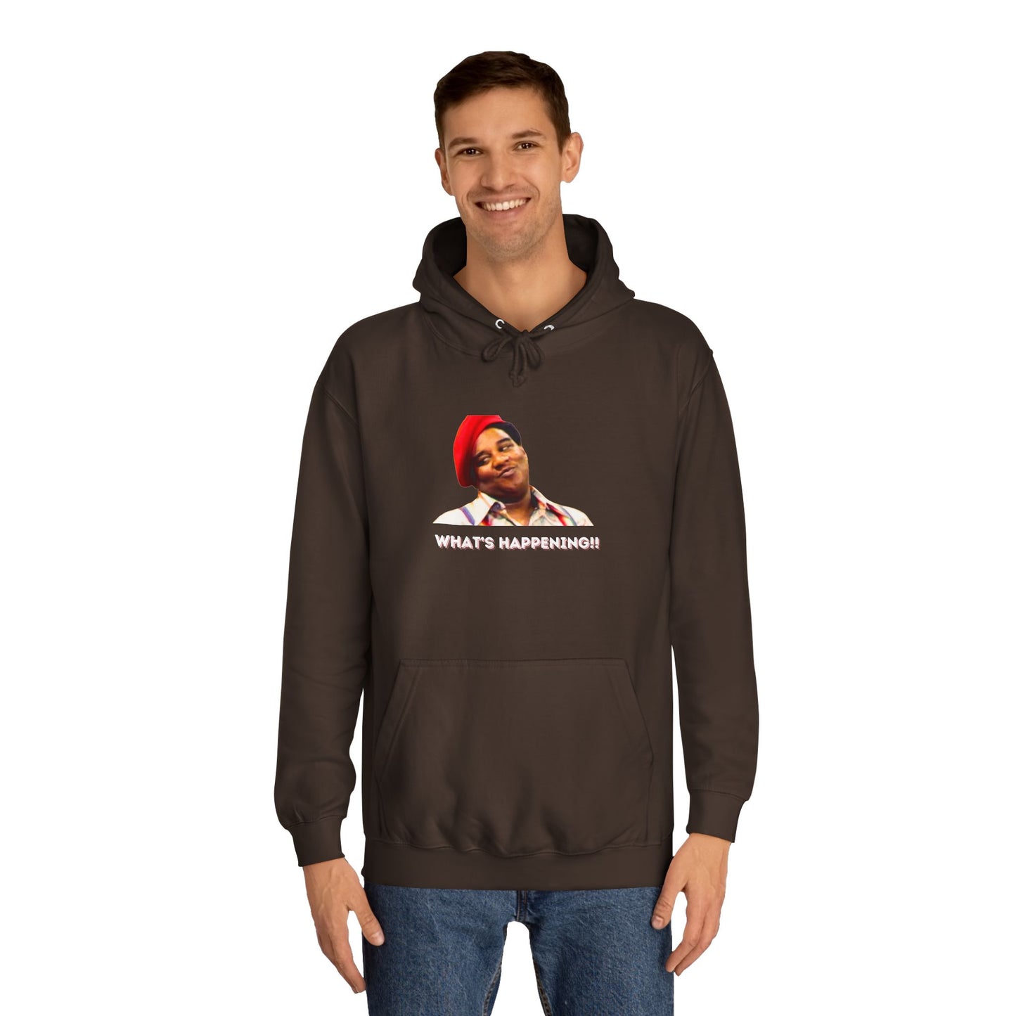 A black Printify college hoodie called "Rerun - Fred Barry - What's Happening!!" featuring an image of Fred Berry smiling and wearing his iconic red cap, with "WHAT'S HAPPENING!!" printed in white letters.