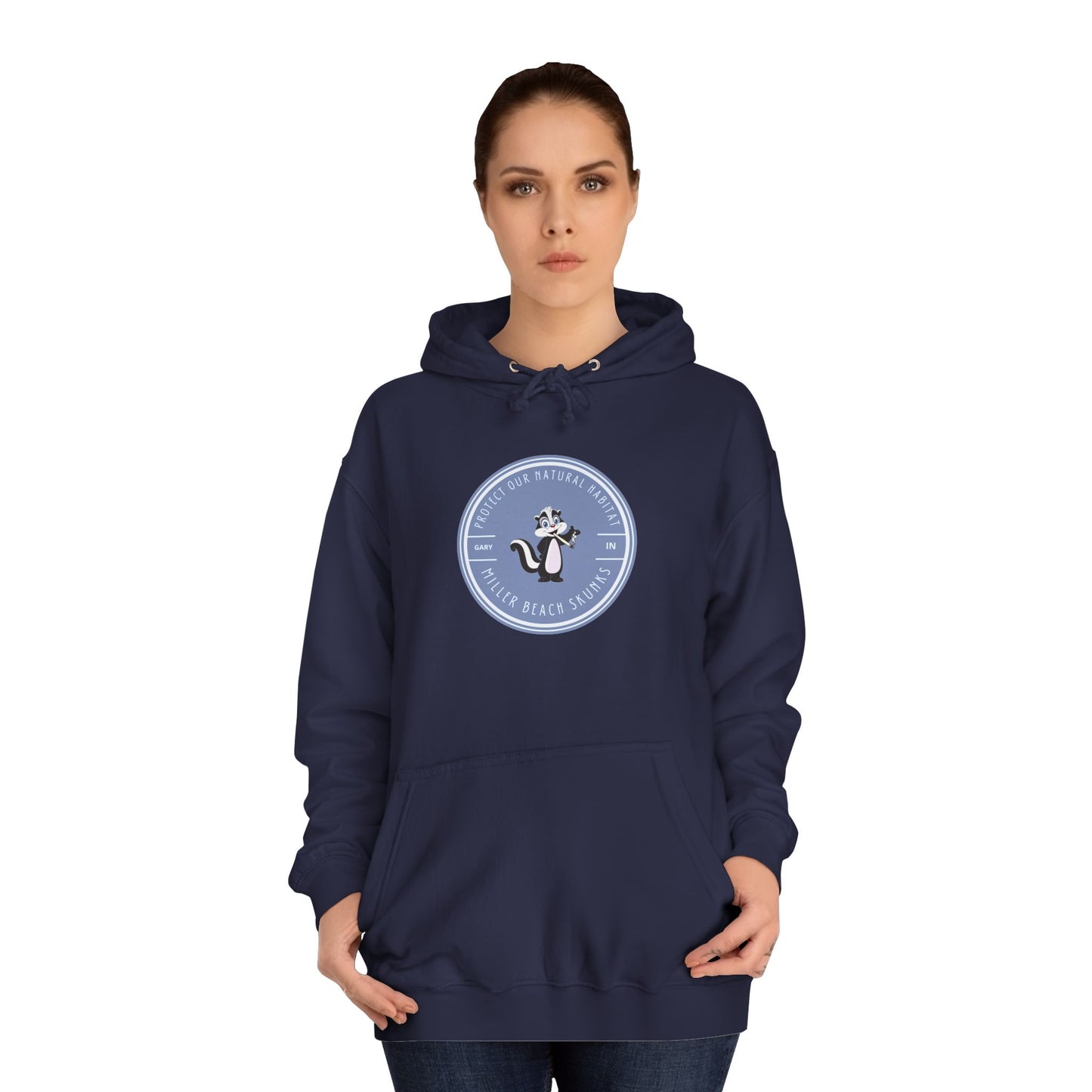 The Miller Beach Skunks - Unisex College Hoodie by Printify in dark gray features a drawstring hood and a central circular emblem. The emblem displays a stylized sea creature encircled by text that hints at Miller Beach Skunks, laid flat against a white background.
