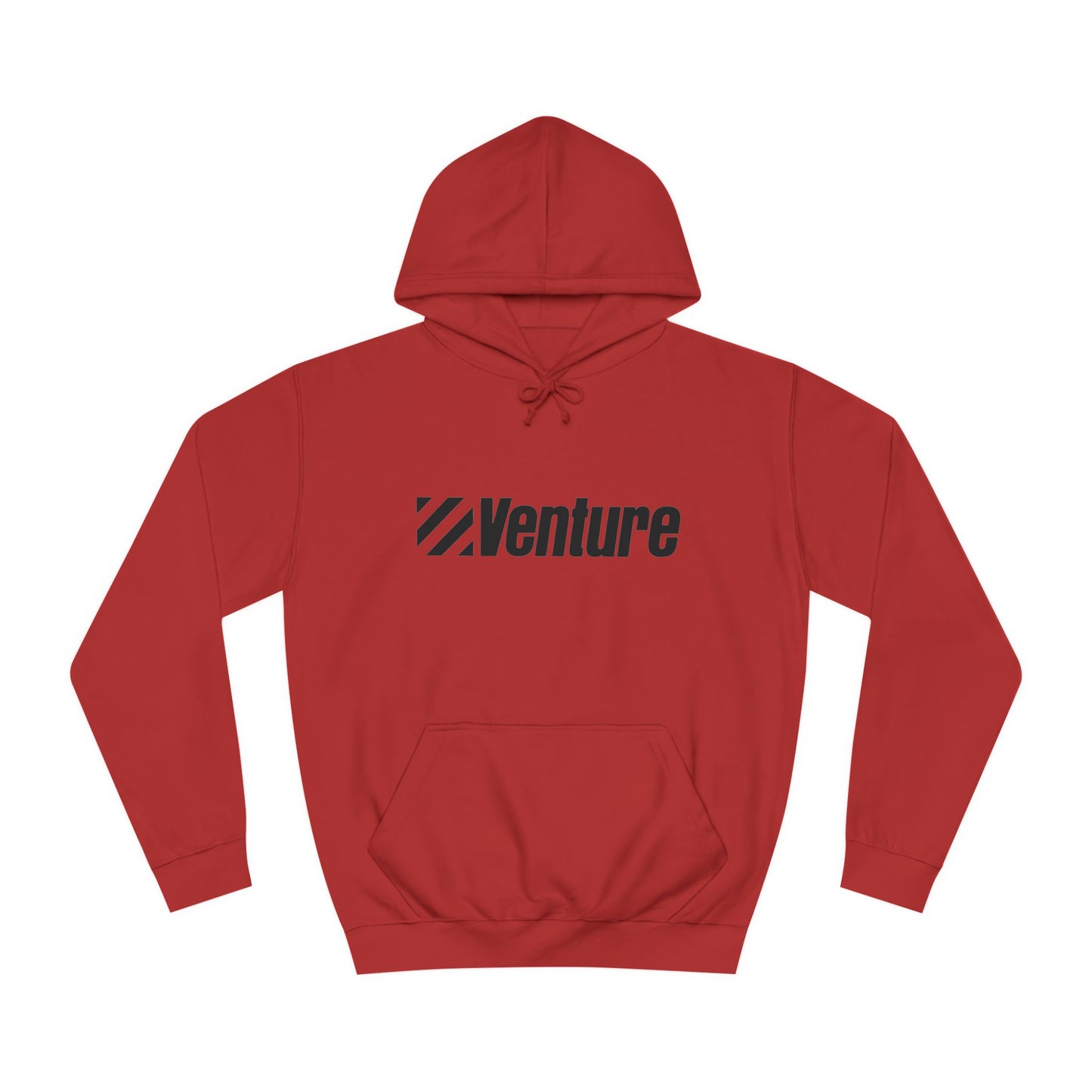 This light gray unisex college hoodie from Printify features the word "Venture" and a stylized logo printed in black on the front. It harkens back to retro retail therapy with a front pocket and drawstring hood, seamlessly blending nostalgic style with modern comfort. The product name is Venture Stores - 1980s Logo - Unisex College Hoodie.