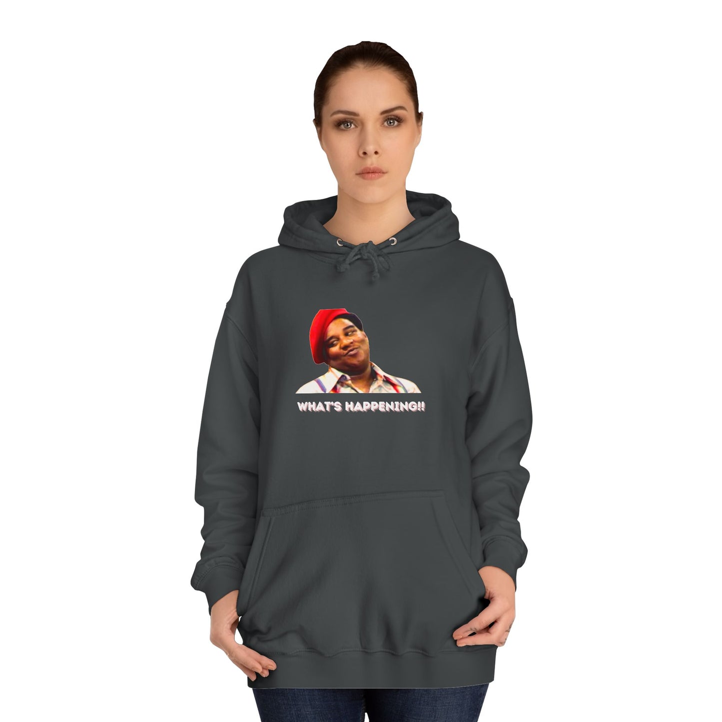 A black Printify college hoodie called "Rerun - Fred Barry - What's Happening!!" featuring an image of Fred Berry smiling and wearing his iconic red cap, with "WHAT'S HAPPENING!!" printed in white letters.