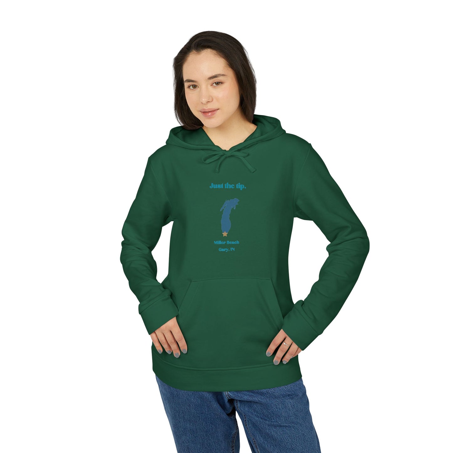 The Just the Tip - Miller Beach - Adidas® Unisex Fleece Hoodie by Printify provides cozy comfort with its modest blue graphic centrally placed on a red design. This sustainable hoodie features long sleeves and a hood, complemented by a practical front pocket, all showcased against a simple white backdrop.