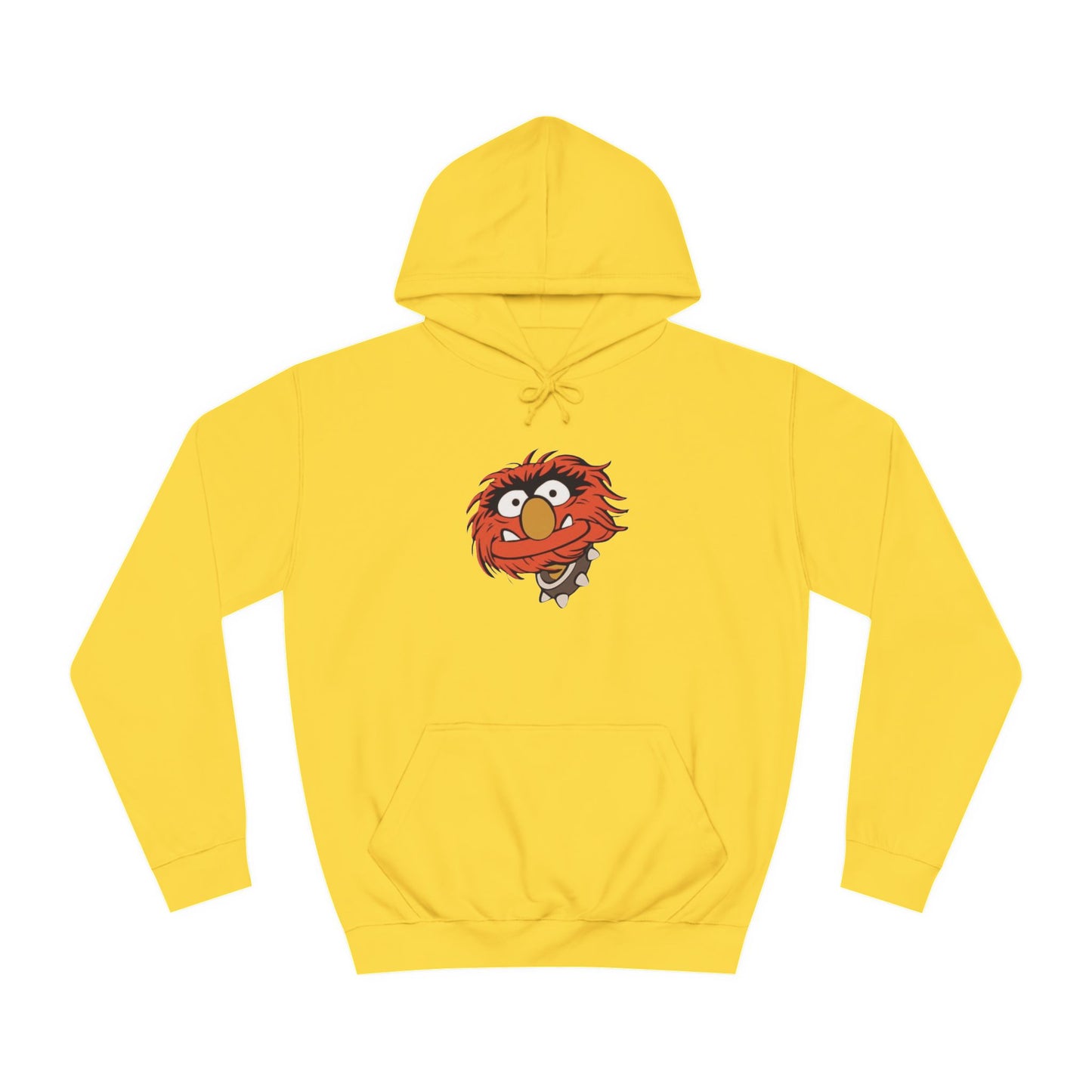 This comfy unisex college hoodie by Printify showcases a vibrant design of a cartoon character with wild orange hair, bulging eyes, and a broad grin on the front, embodying that lively spirit. It's like wearing the Animal - The Muppets hoodie without sacrificing comfort.