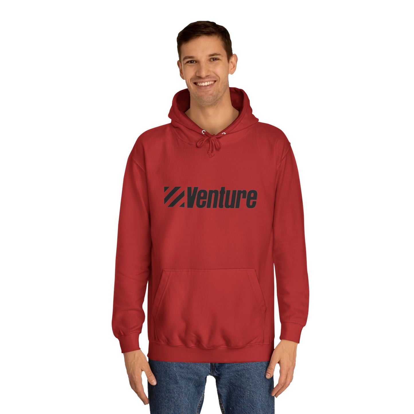 This light gray unisex college hoodie from Printify features the word "Venture" and a stylized logo printed in black on the front. It harkens back to retro retail therapy with a front pocket and drawstring hood, seamlessly blending nostalgic style with modern comfort. The product name is Venture Stores - 1980s Logo - Unisex College Hoodie.