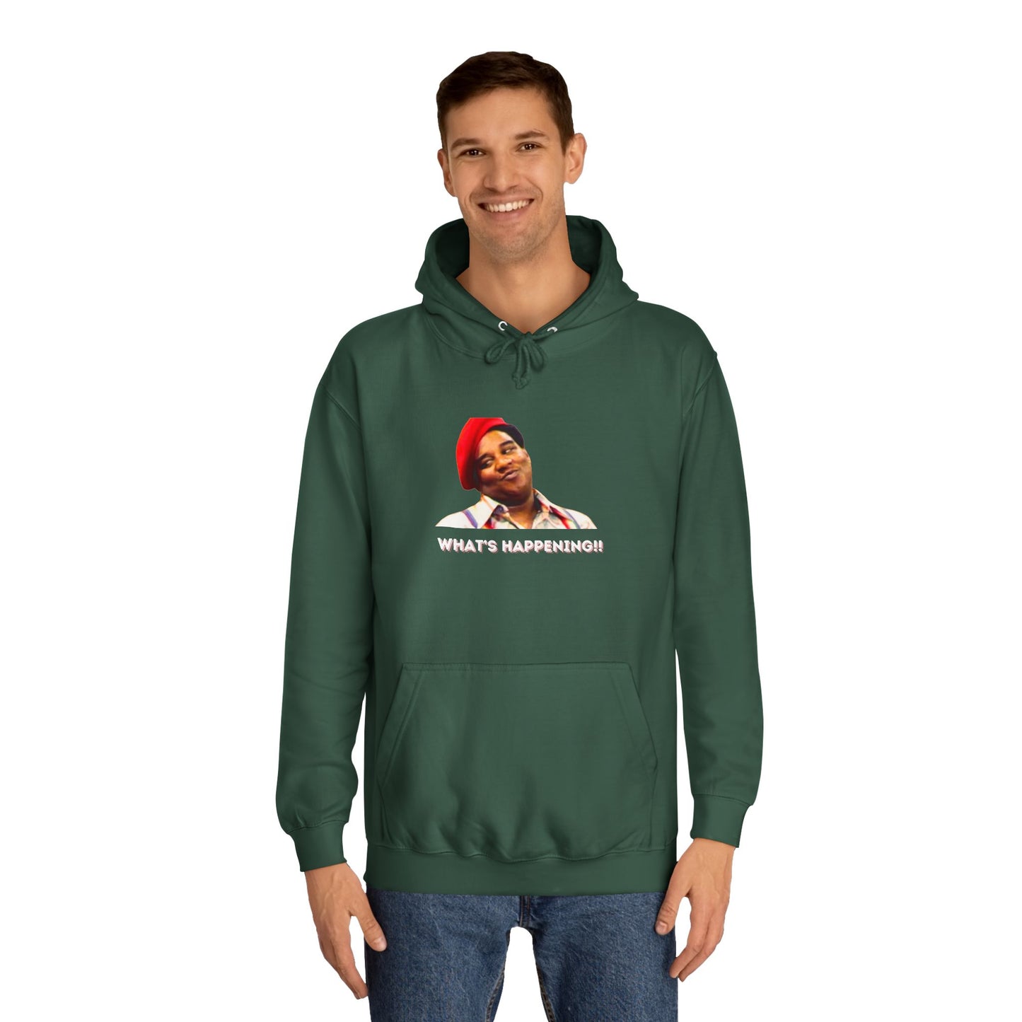 A black Printify college hoodie called "Rerun - Fred Barry - What's Happening!!" featuring an image of Fred Berry smiling and wearing his iconic red cap, with "WHAT'S HAPPENING!!" printed in white letters.