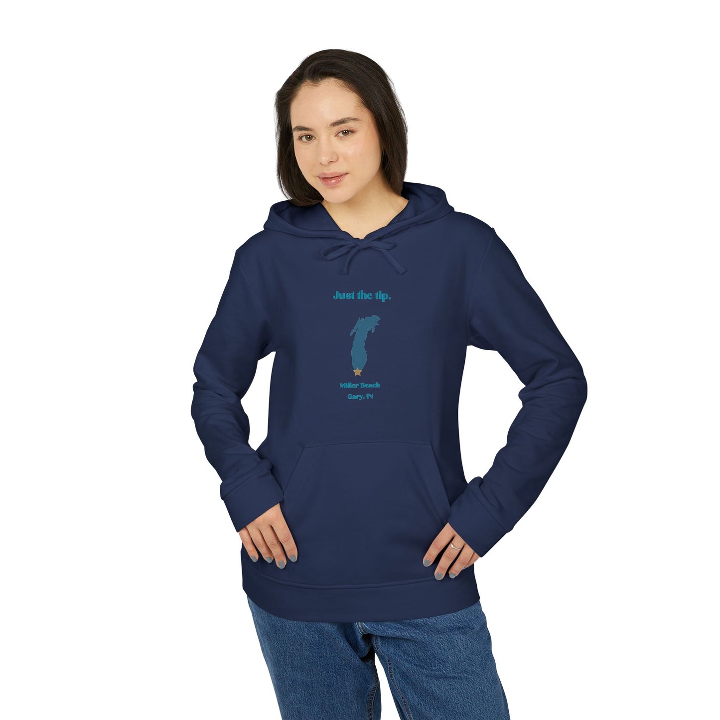 The Just the Tip - Miller Beach - Adidas® Unisex Fleece Hoodie by Printify provides cozy comfort with its modest blue graphic centrally placed on a red design. This sustainable hoodie features long sleeves and a hood, complemented by a practical front pocket, all showcased against a simple white backdrop.