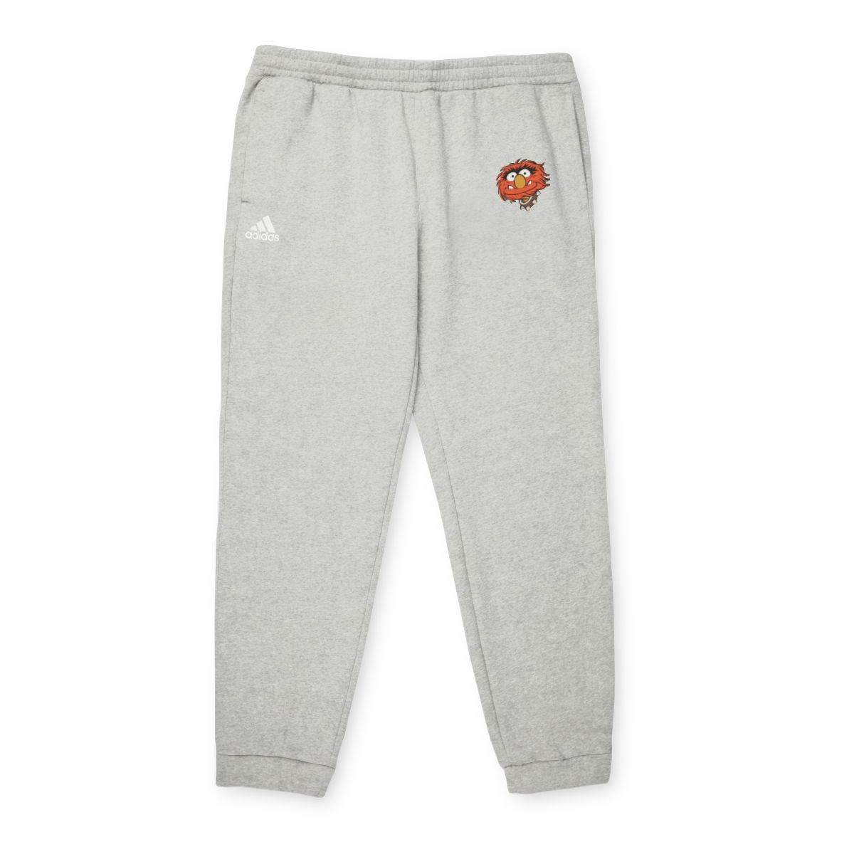 Gray Adidas sweatpants with a small white Adidas logo on the left pocket area and a colorful bird design on the right side.