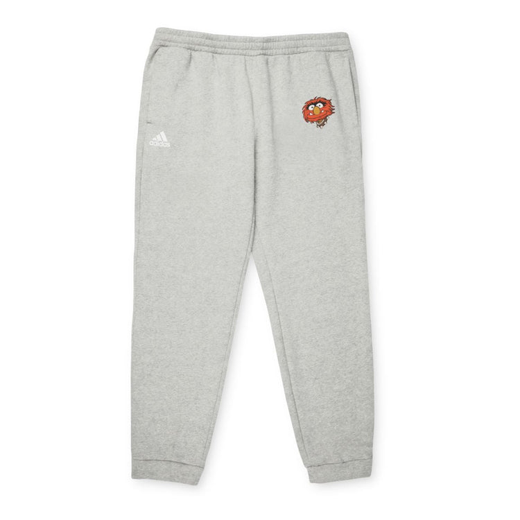 Gray Adidas sweatpants with a small white Adidas logo on the left pocket area and a colorful bird design on the right side.