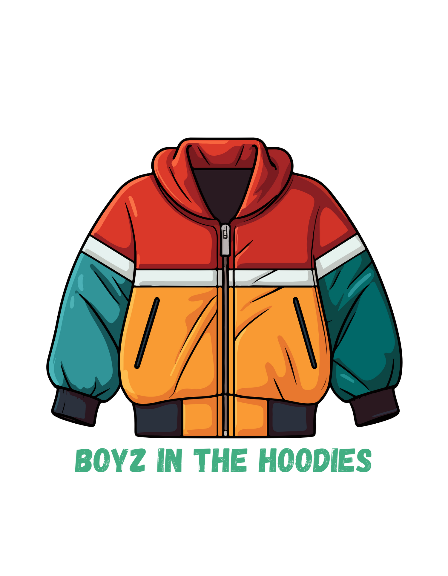 Illustration of a colorful hooded jacket with red, orange, teal, and black sections. Text below the jacket reads "BOYZ IN THE HOODIES" in green, block-style font.