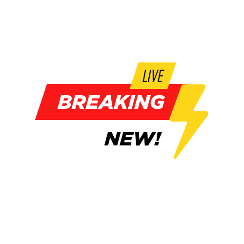 A graphic with bold text "LIVE BREAKING NEW!" A yellow lightning bolt is to the right of the text. The word "BREAKING" is on a red background, "LIVE" on a yellow background, and "NEW!" on a white background.