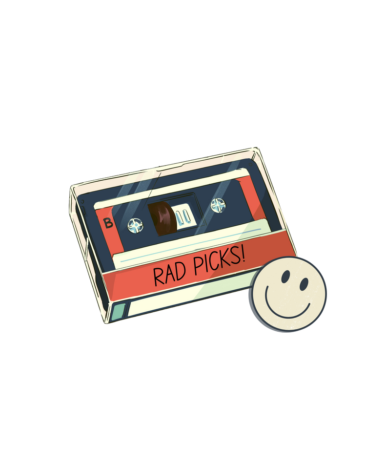 Illustration of a vintage cassette tape labeled "RAD PICKS!" beside a smiling face button against a black background.