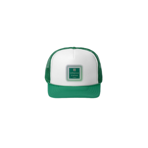 A green and white trucker cap with a partially obscured rectangular logo on the front center. The logo features a green background with some text that is not clearly readable.