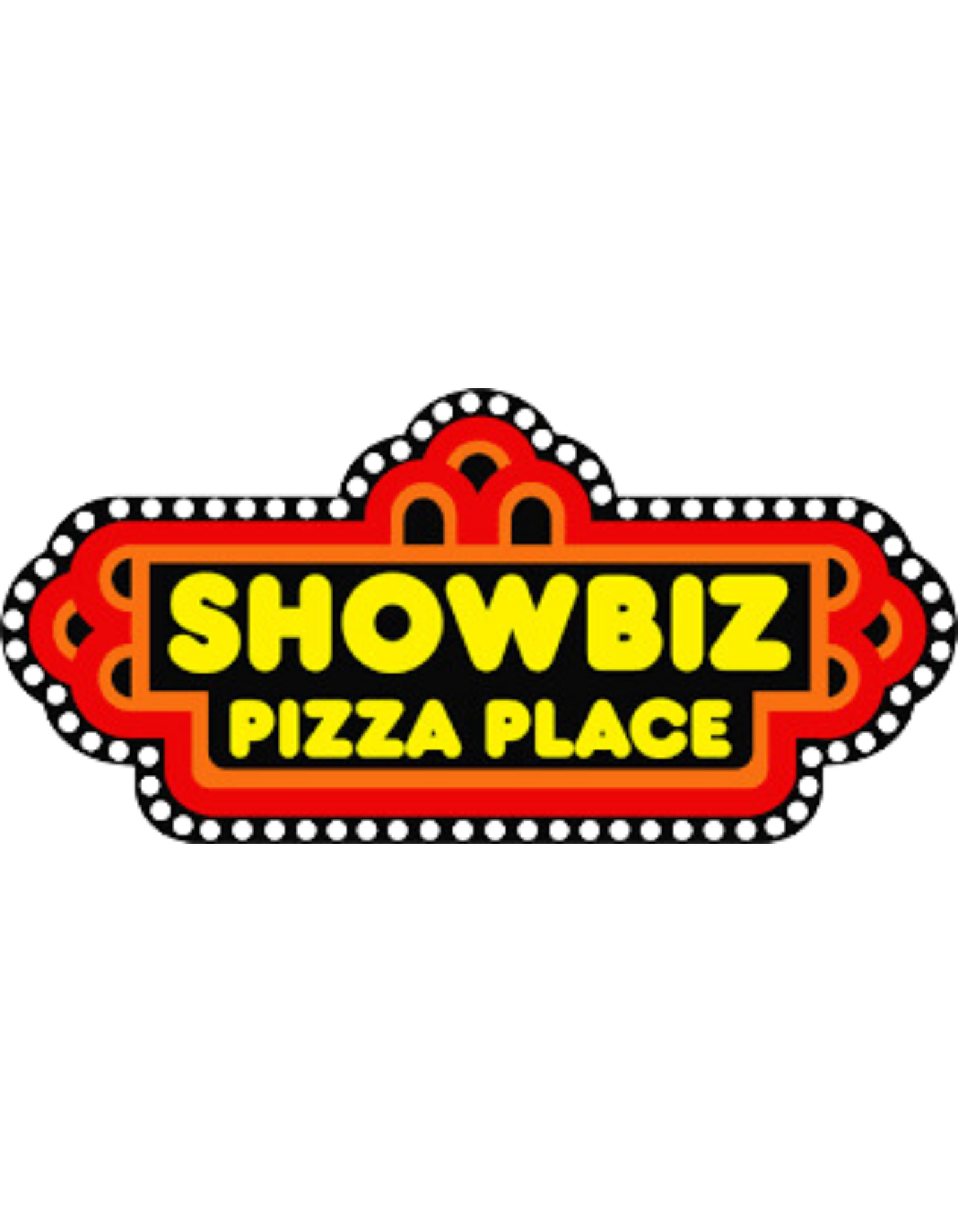 Logo of Showbiz Pizza Place. The design consists of bold yellow letters reading "SHOWBIZ PIZZA PLACE" on a black rectangular background with red and orange decorative borders.