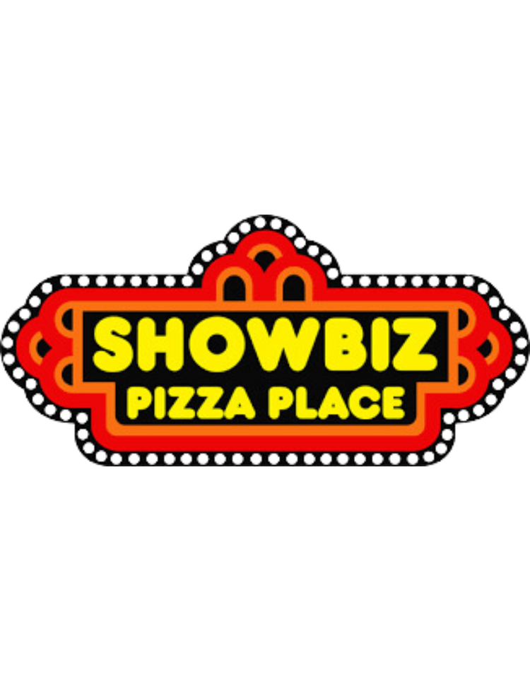 Logo of Showbiz Pizza Place. The design consists of bold yellow letters reading "SHOWBIZ PIZZA PLACE" on a black rectangular background with red and orange decorative borders.