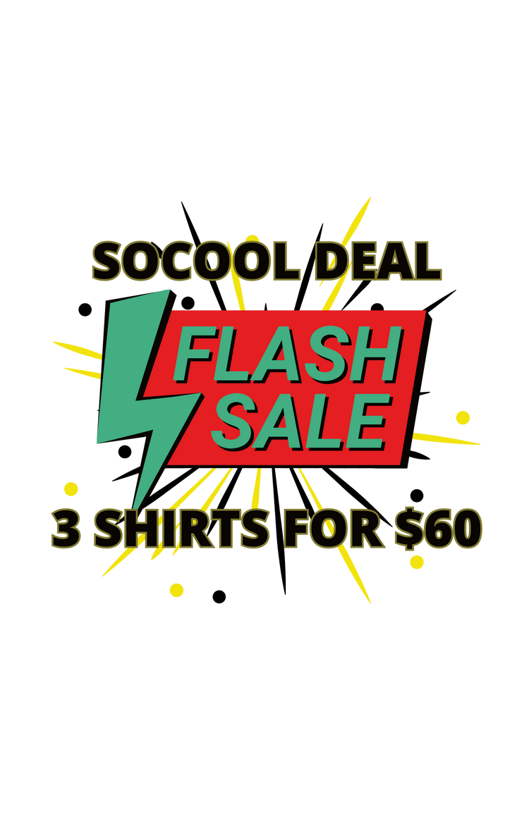 A graphic on a black background with the text: "SoCool Deal" above, "Flash Sale" in a red and green box with a lightning bolt, and "3 Shirts for $60" below, accented by yellow burst lines.