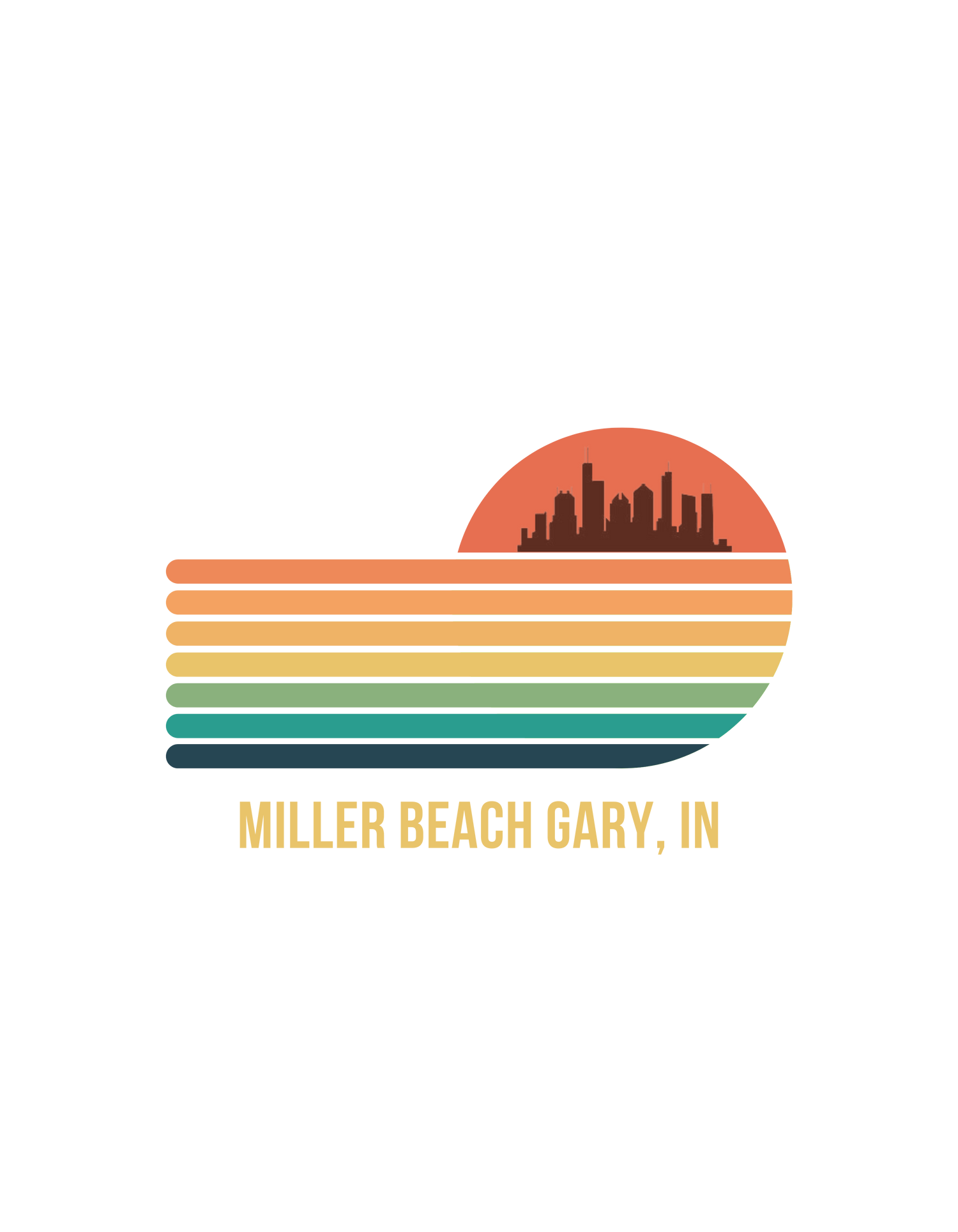 A retro-style design featuring a sunset over a city skyline with horizontal stripes transitioning from orange to green. The text "Miller Beach Gary, IN" is below the image.