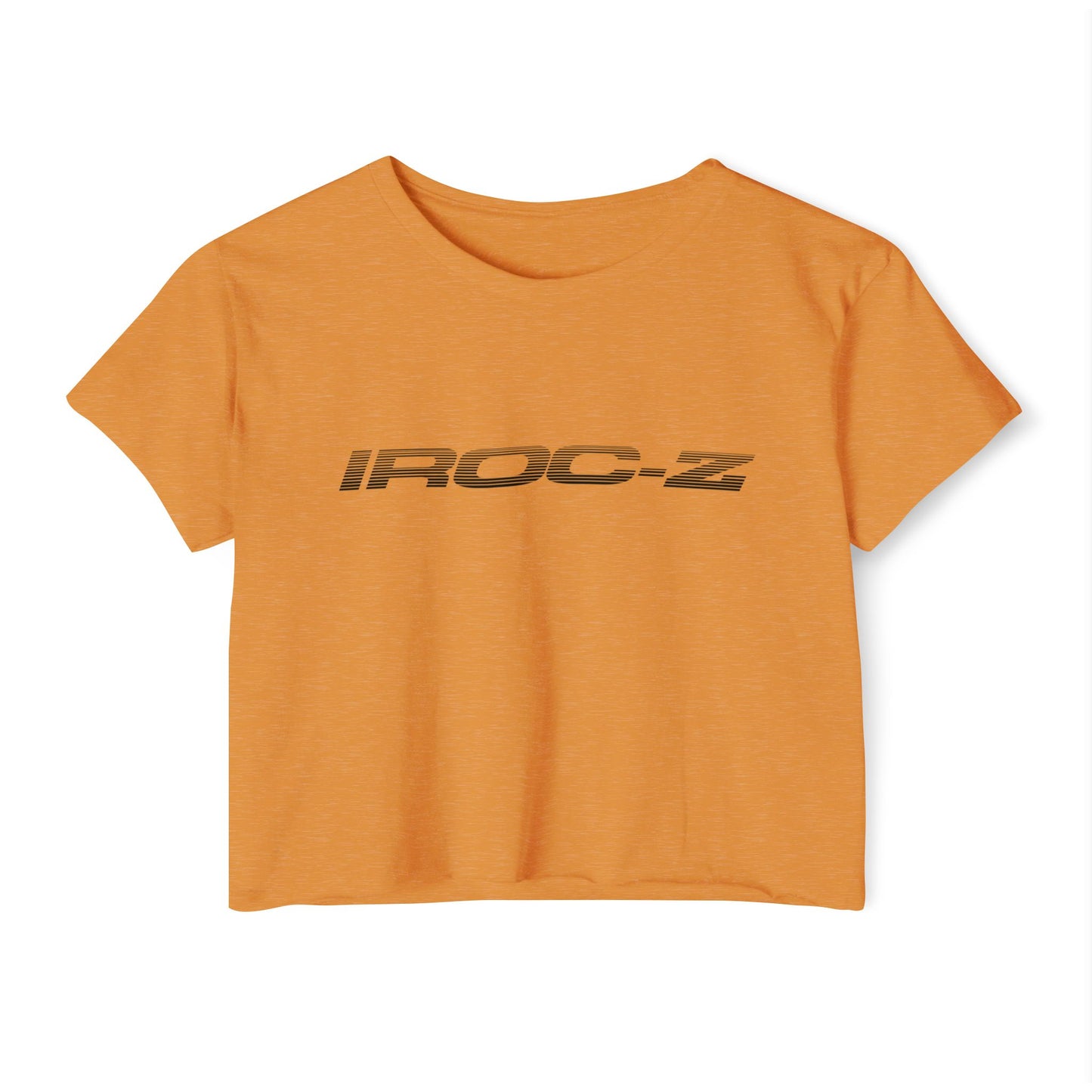 A grey, short-sleeve, rounded-neckline Women's Festival Crop Top by Printify, featuring "IROC-Z" printed in bold black letters across the chest. Perfect for any festival, this Chevrolet Iroc Z-inspired top from the 1980s stands out against a plain white background.