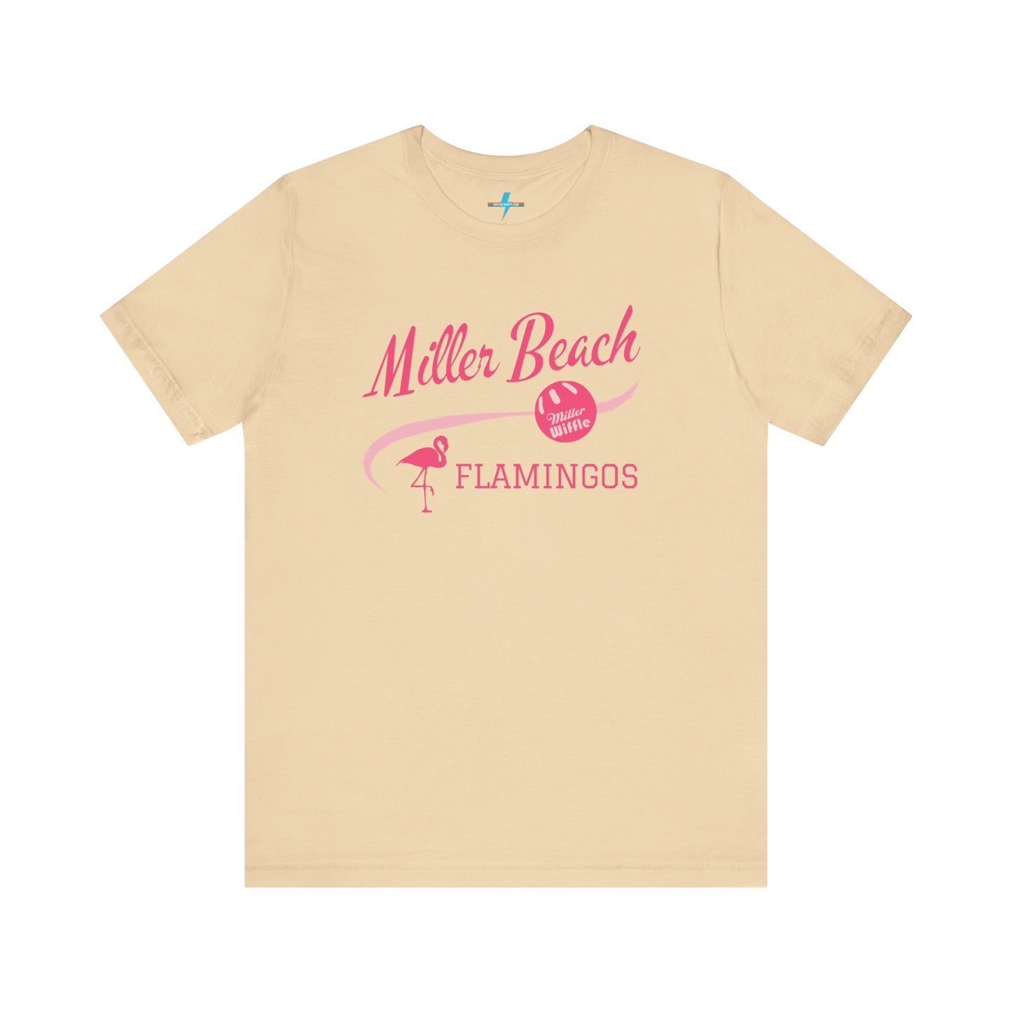 Printify offers the Miller Beach Flamingos WWBC - Unisex Jersey Short Sleeve Tee, featuring a light pink T-Shirt adorned with "Miller Beach Flamingos" and a volleyball graphic in pink. This design also includes an illustration of a flamingo, celebrating their participation in the World Wiffel Ball Championship. The shirt is showcased against a minimalist, white backdrop.