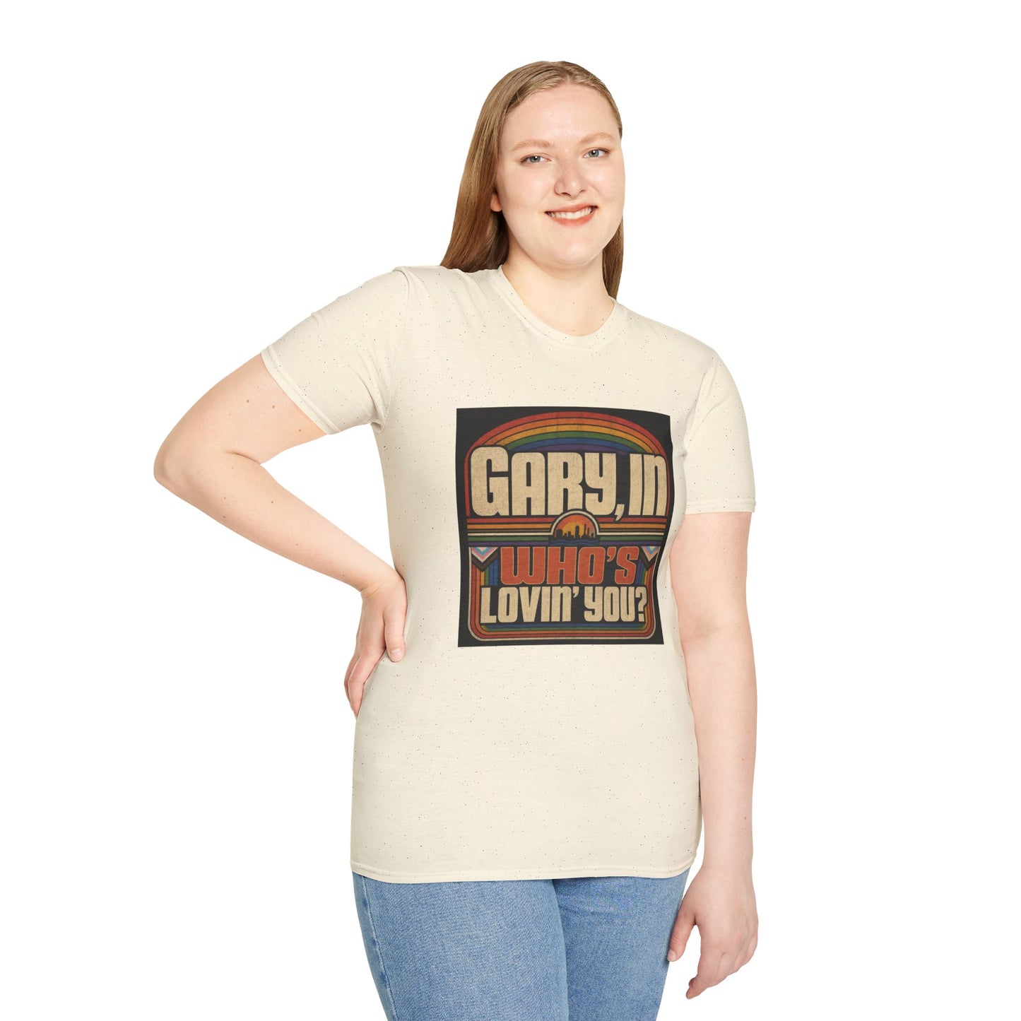 T-Shirt — "Gary, I'm Who's Lovin' You?" Retro Rainbow Design - Pride Month