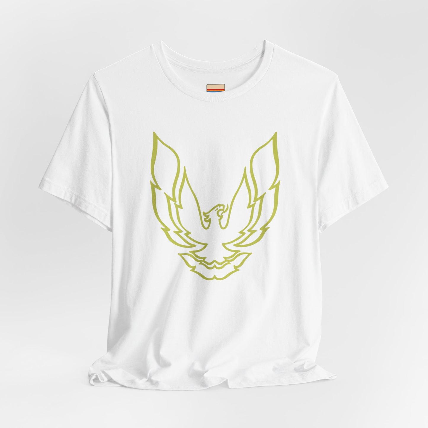 The Pontiac Trans Am Phoenix Shirt - Unisex Jersey Short Sleeve Tee by Printify is a classic black T-shirt that showcases a stylized yellow phoenix design on the front, reminiscent of the iconic Pontiac Trans Am. The shirt is displayed laid flat against a white background.