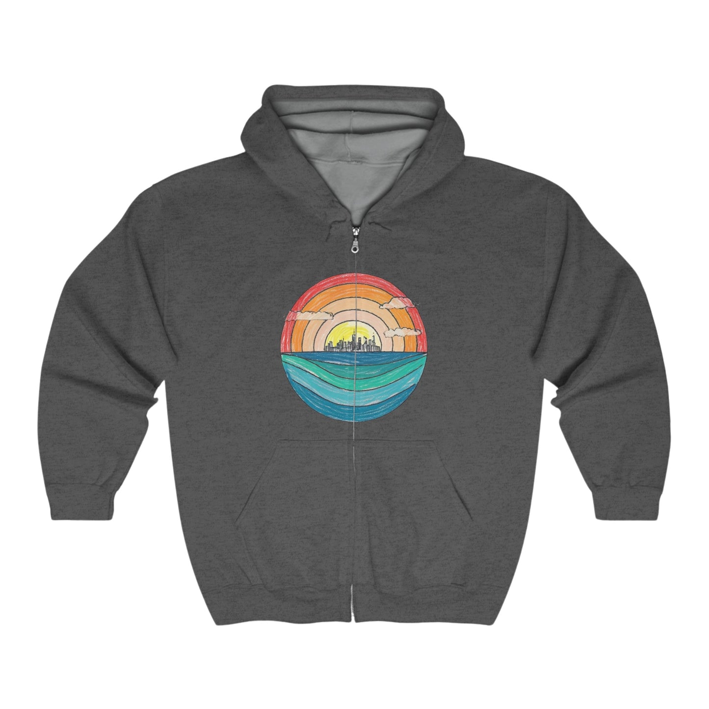 The Miller Beach Abstract - Full Zip Hooded Sweatshirt from Printify is gray and features a colorful circular graphic on the front. The graphic depicts a stylized sunset over a landscape with a blue horizon and water, transitioning to warm tones of an orange and yellow sky.