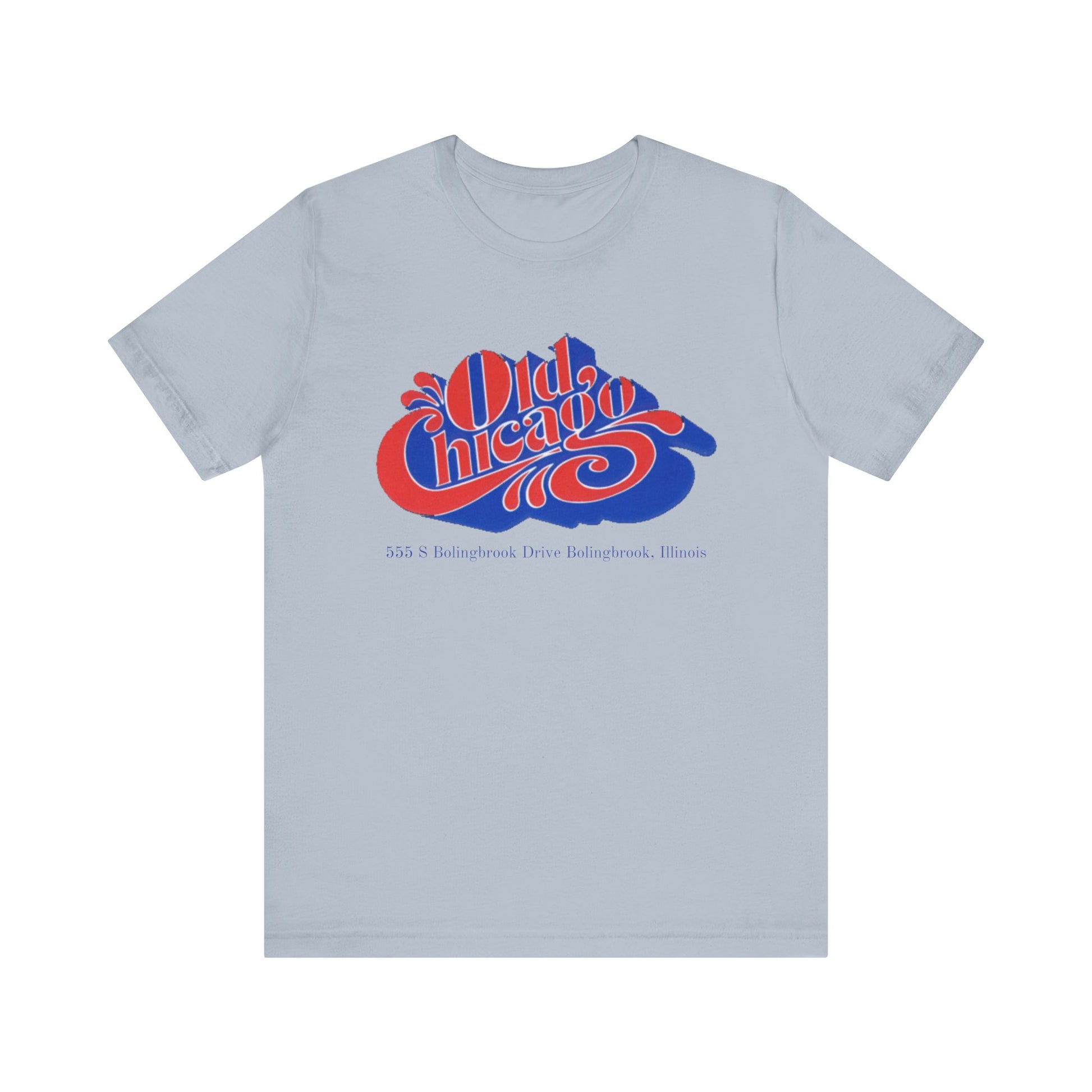 The "Old Chicago Mall Bolingbrook 1980s Retro - Unisex Jersey Short Sleeve Tee" from Printify is a gray T-shirt showcasing a vintage design with the text "Old Chicago" in blue and red. Beneath the main text, the address "355 S. Bolingbrook Drive, Bolingbrook, Illinois" appears in smaller font, evoking 80s nostalgia of the Old Chicago Mall. The shirt is displayed against a white background.