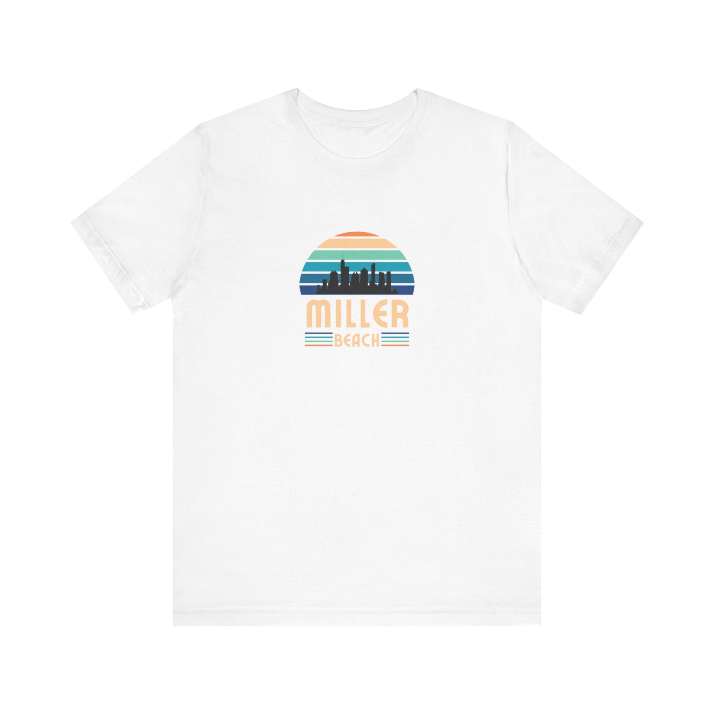 A brown unisex jersey short sleeve tee called "Miller Beach Chicago Skyline" from Printify features a vintage-style design with a sunset, the Chicago skyline, and "Miller Beach" in bold letters. The design incorporates shades of blue, orange, and yellow and is displayed against a plain white background.