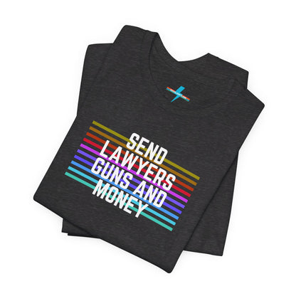 A folded Send Lawyers, Guns, and Money - Retro - Unisex Jersey Short Sleeve Tee by Printify, featuring colorful horizontal stripes and bold white text reading "SEND LAWYERS GUNS AND MONEY" in the center, as a classy tribute to Warren Zevon.