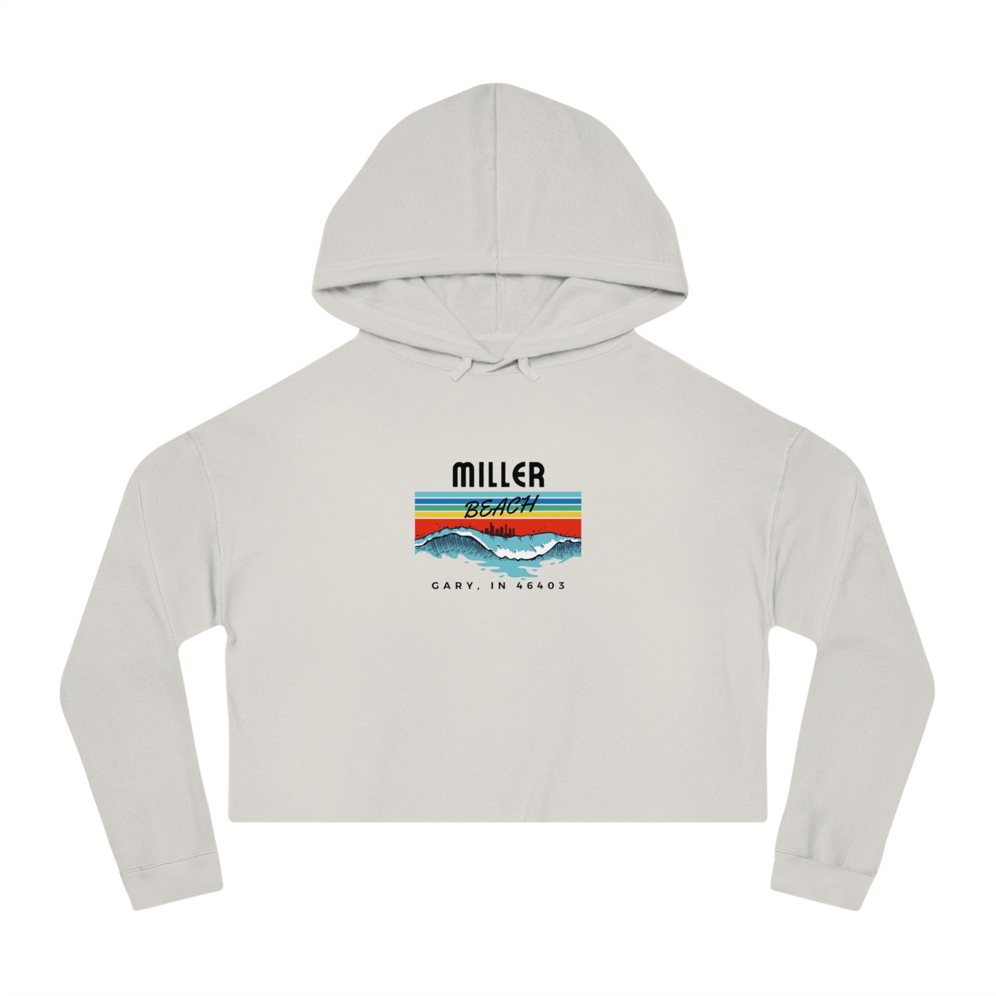 Introducing the Miller Beach Surf Women's Cropped Hooded Sweatshirt by Printify, a white personalized hoodie featuring a pastel tie-dye pattern. The front showcases a bold "Miller Beach" graphic above "Gary, IN" on a vibrant striped background with stylized mountains and waves. This long-sleeve hoodie comes in a trendy cropped style complete with a drawstring hood.