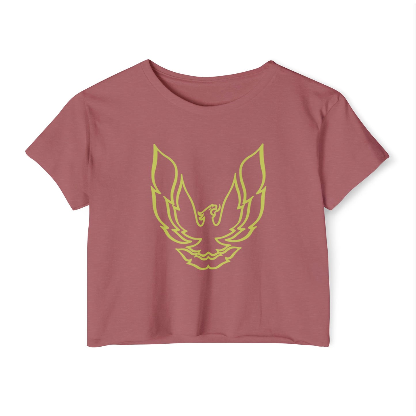 The Pontic Trans Am - Women's Festival Crop Top by Printify is a green heathered crop top featuring a large, stylized yellow eagle graphic with wings spread wide on the front, reminiscent of the Pontiac Phoenix Trans Am logo. With a simple crew neck and short sleeves, this top is ideal for vintage enthusiasts.