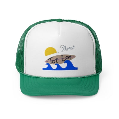 A vibrant hat, this green and white Trucker Cap from Printify is the perfect beach days accessory. Featuring a yellow sun, a brown surfboard with "Tot Lot" written on it, blue ocean waves, and "Beach" in gray cursive, it's your go-to Miller Beach Tot Lot Sign – Trucker Cap.