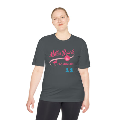 The Miller Beach Flamingos - Poncin 11 Unisex Moisture Wicking Tee by Printify features a beige shirt with "Miller Beach" in pink script, accompanied by a small illustration of a flamingo and volleyball. Below this design, the word "FLAMINGOS" is displayed in pink, with the number "11" appearing in blue near the bottom. Made from Sport-Tek PosiCharge Competitor Tee fabric, this custom moisture-wicking shirt ensures you stay cool and stylish.