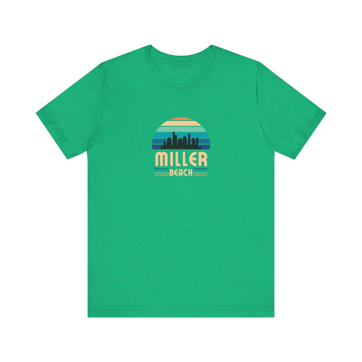 A brown unisex jersey short sleeve tee called "Miller Beach Chicago Skyline" from Printify features a vintage-style design with a sunset, the Chicago skyline, and "Miller Beach" in bold letters. The design incorporates shades of blue, orange, and yellow and is displayed against a plain white background.