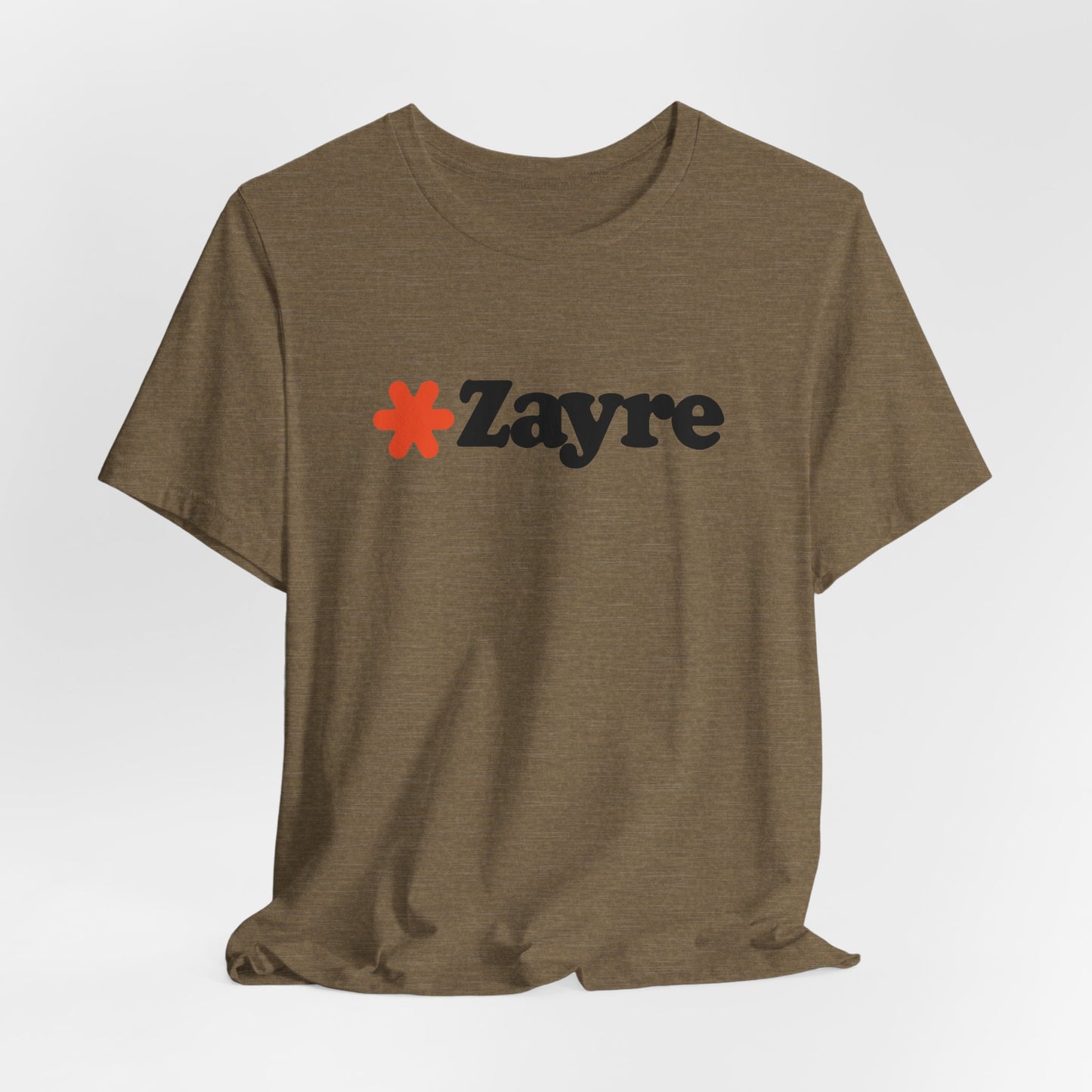 The Zayre Stores Logo - Retro 1980s Unisex Jersey Short Sleeve Tee by Printify features a gray design with the word "Zayre" printed in black letters and a red asterisk preceding the text. Reminiscent of retro fashion from the Zayre 1980s Retail Store, this shirt is displayed against a minimalistic white background and appears to be made of soft, comfortable fabric.