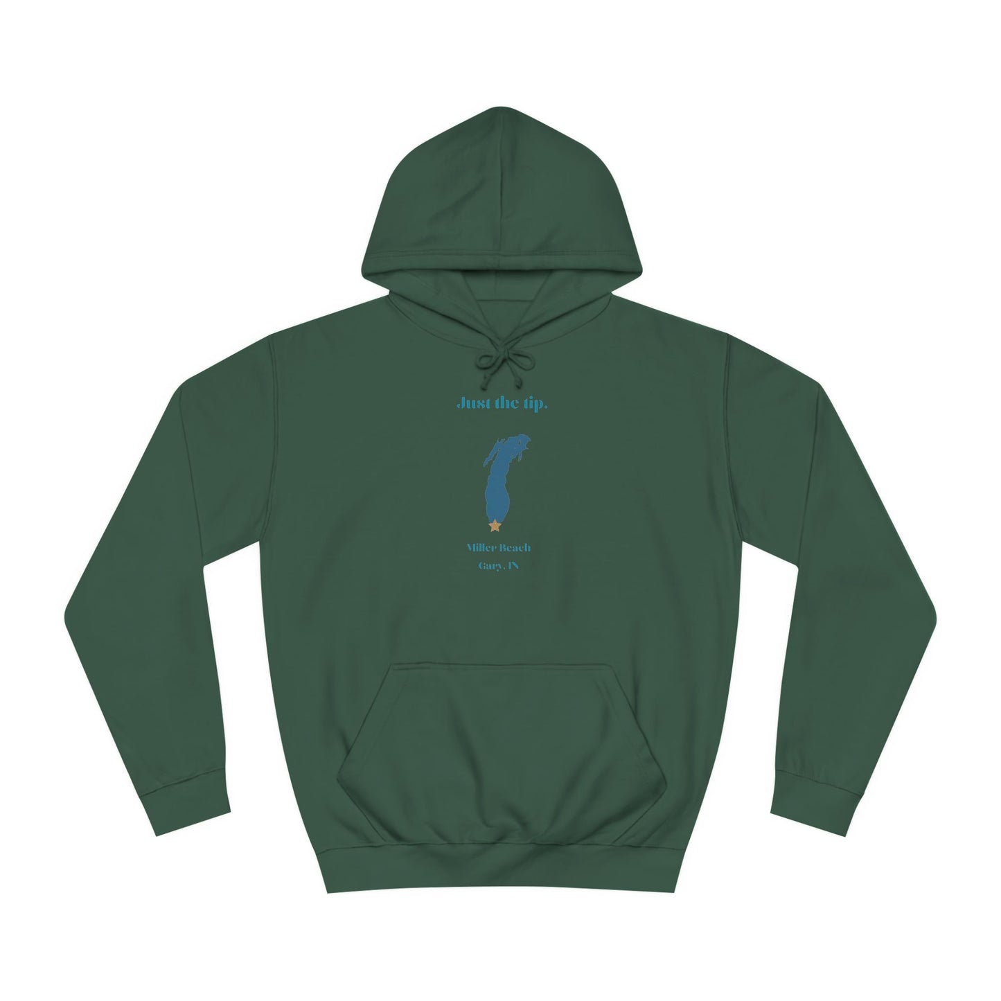 The Just the Tips - Miller Beach Unisex College Hoodie by Printify features a premium tri-blend fabric in dark green, showcasing a minimalist blue outline of a lake with the text "Just the Tip. White Bear Lake, Minn., IN" above it. With its front pocket and drawstring hood, it's an ideal choice for casual strolls at Miller Beach.