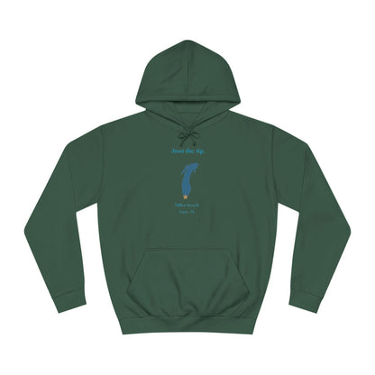 The Just the Tips - Miller Beach Unisex College Hoodie by Printify features a premium tri-blend fabric in dark green, showcasing a minimalist blue outline of a lake with the text "Just the Tip. White Bear Lake, Minn., IN" above it. With its front pocket and drawstring hood, it's an ideal choice for casual strolls at Miller Beach.