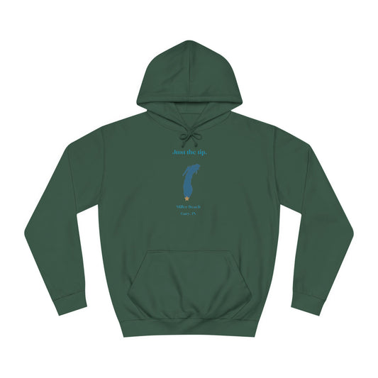 The Just the Tips - Miller Beach Unisex College Hoodie by Printify features a premium tri-blend fabric in dark green, showcasing a minimalist blue outline of a lake with the text "Just the Tip. White Bear Lake, Minn., IN" above it. With its front pocket and drawstring hood, it's an ideal choice for casual strolls at Miller Beach.