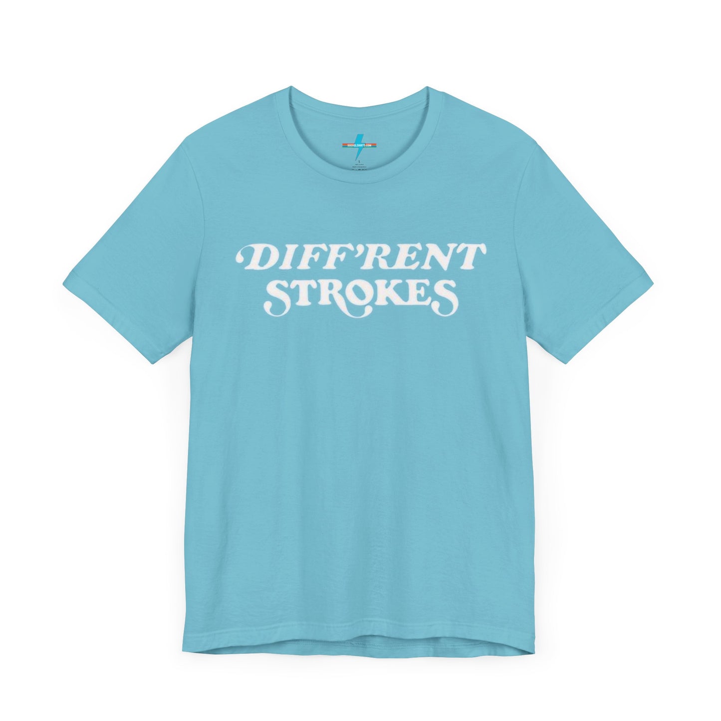 A burnt orange "Diff’Rent Strokes - Retro 1980s" unisex jersey short sleeve tee by Printify, featuring the phrase "DIFF'RENT STROKES" in bold, white cursive letters across the chest. The plain white backdrop perfectly showcases this nostalgic TV apparel.