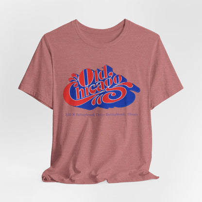 The "Old Chicago Mall Bolingbrook 1980s Retro - Unisex Jersey Short Sleeve Tee" from Printify is a gray T-shirt showcasing a vintage design with the text "Old Chicago" in blue and red. Beneath the main text, the address "355 S. Bolingbrook Drive, Bolingbrook, Illinois" appears in smaller font, evoking 80s nostalgia of the Old Chicago Mall. The shirt is displayed against a white background.