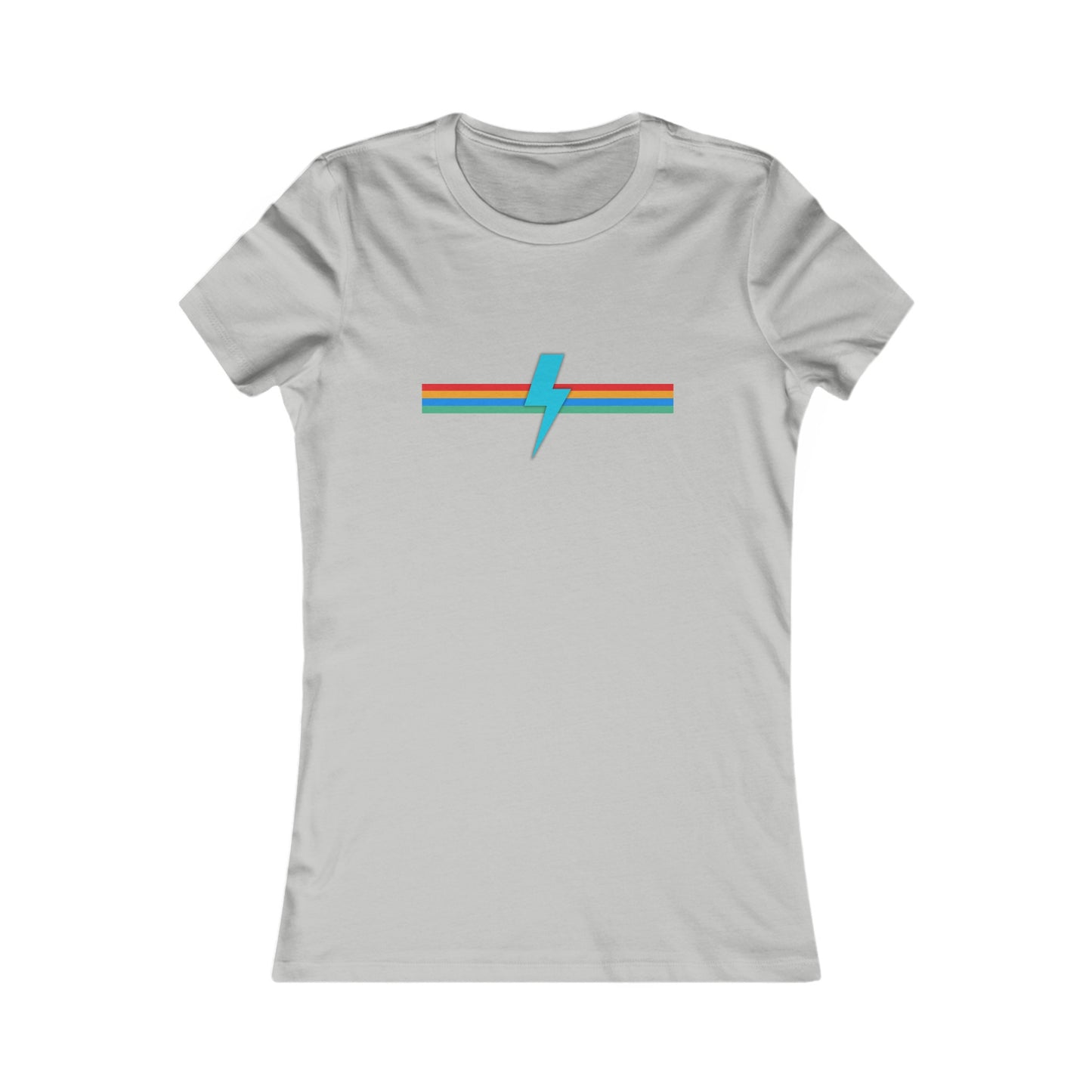 A light pink women's fitted t-shirt from Printify, called the SoCool Shirts OG Logo Retro - Women's Favorite Tee, showcases a minimalist design featuring a blue lightning bolt logo slicing through a horizontal tricolor stripe in red, orange, and teal across the chest area. The shirt boasts short sleeves, a round neckline, and is made from soft Bella + Canvas fabric.