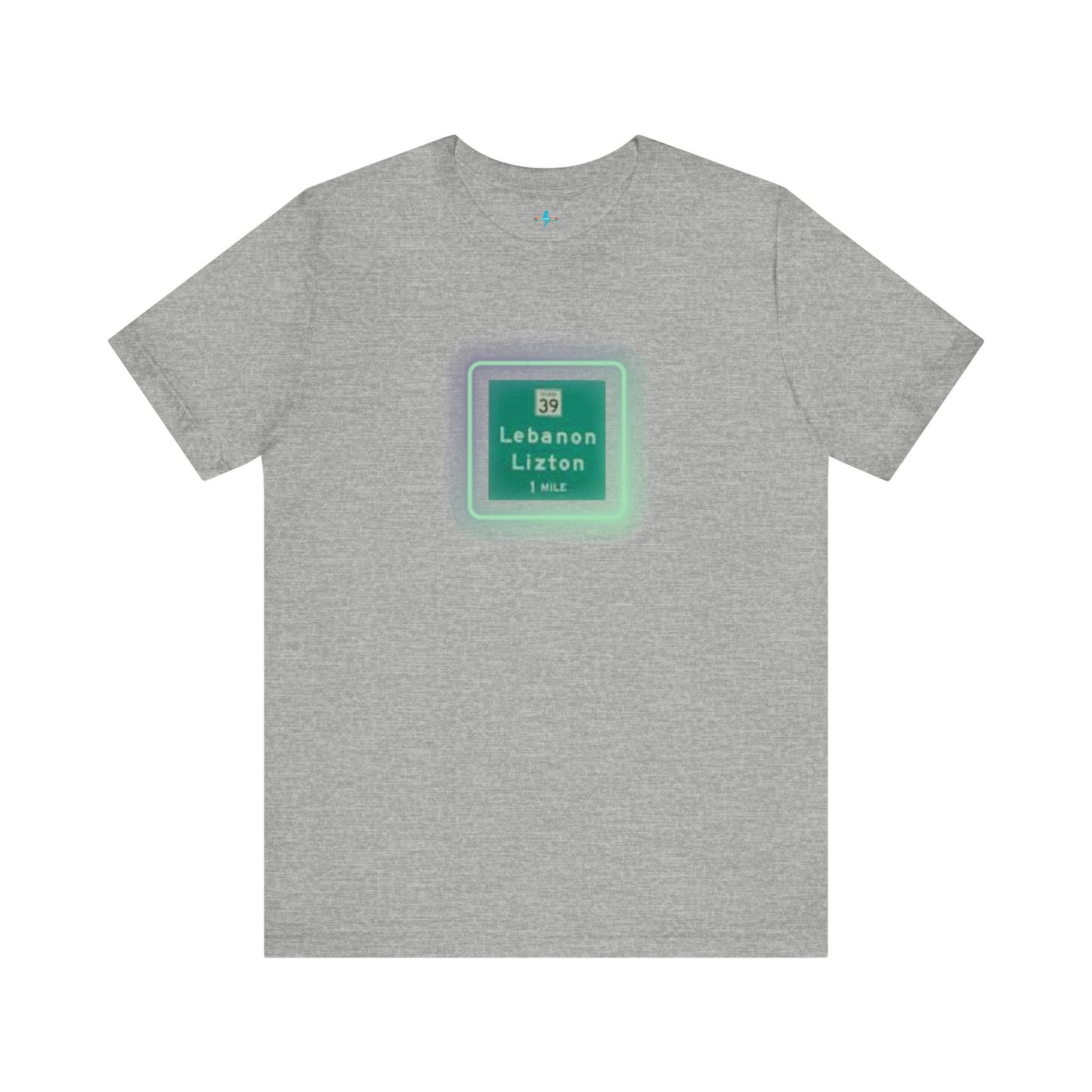 Introducing "The Lebanon Loop - Indiana" unisex jersey short sleeve tee by Printify. This green t-shirt features a graphic of a road sign displaying "39 Lebanon Lizton 1 MILE" within a slightly glowing square frame. It's crafted from 100% Airlume cotton and photographed flat on a white background.