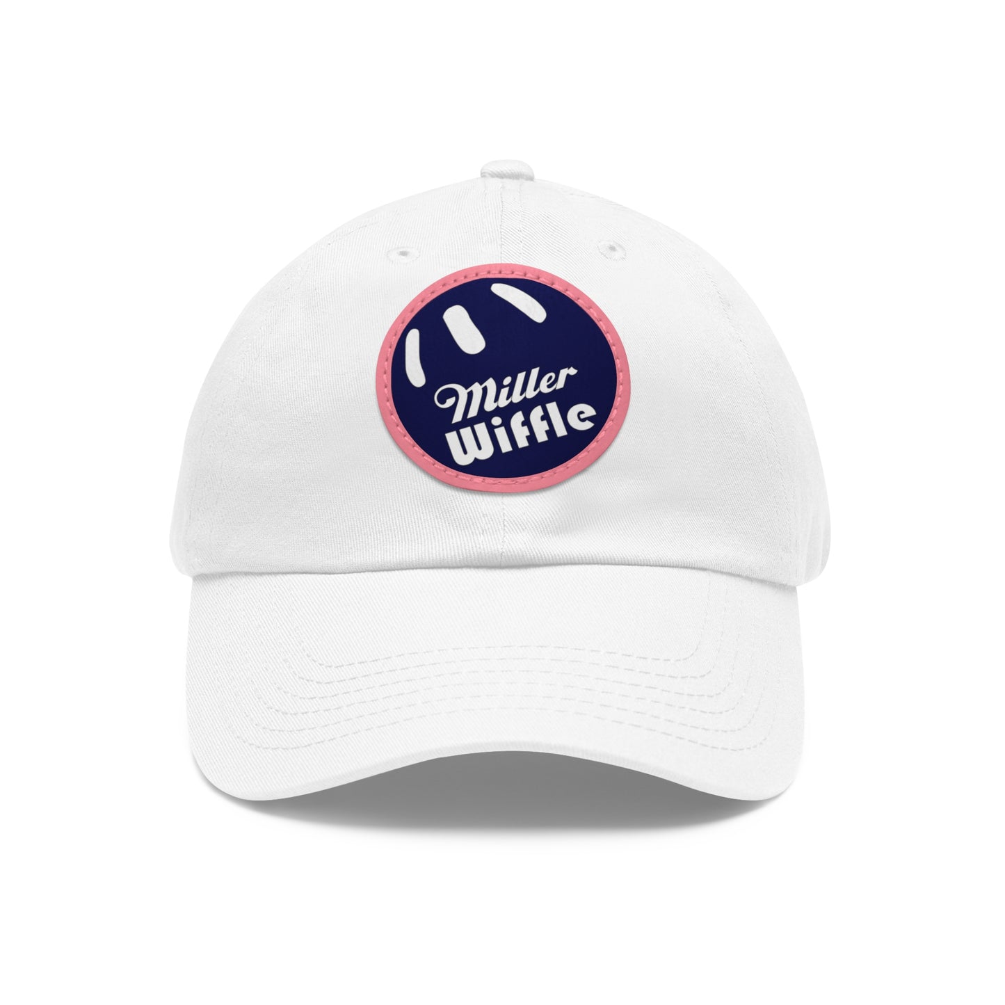 A gray dad hat by Printify, crafted from bio-washed chino twill, featuring a circular blue and white leather patch on the front. The patch showcases a baseball design with "Miller Wiffle" written in cursive font.