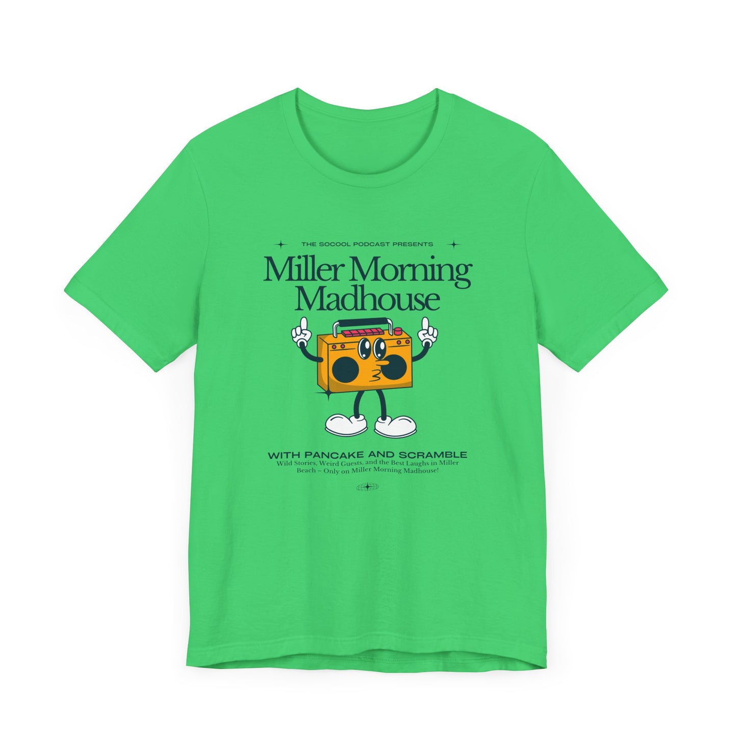 This Printify unisex jersey short sleeve tee in Sand Dune features a playful boombox cartoon character with arms, legs, and sunglasses. Emblazoned with "Miller Morning Madhouse," it highlights podcast details from "The School Podcast Presents.