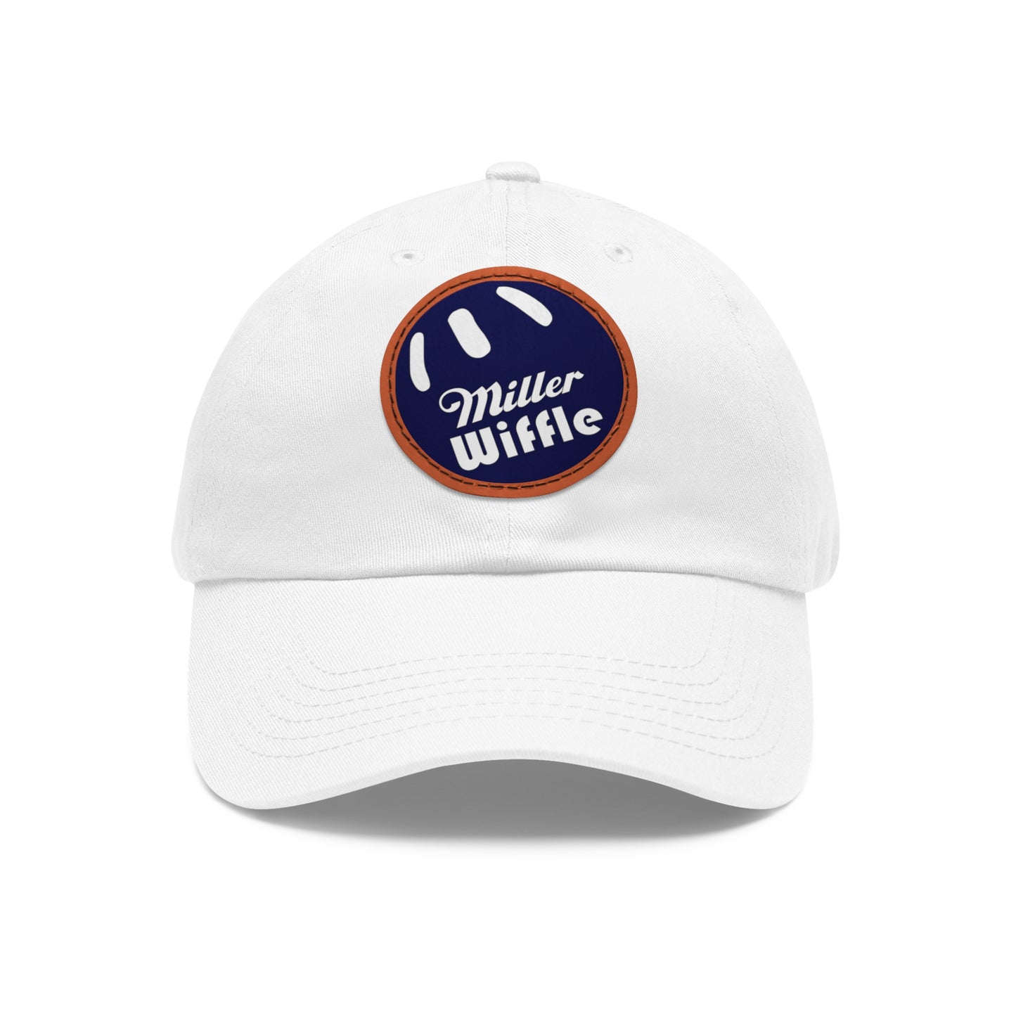 A gray dad hat by Printify, crafted from bio-washed chino twill, featuring a circular blue and white leather patch on the front. The patch showcases a baseball design with "Miller Wiffle" written in cursive font.