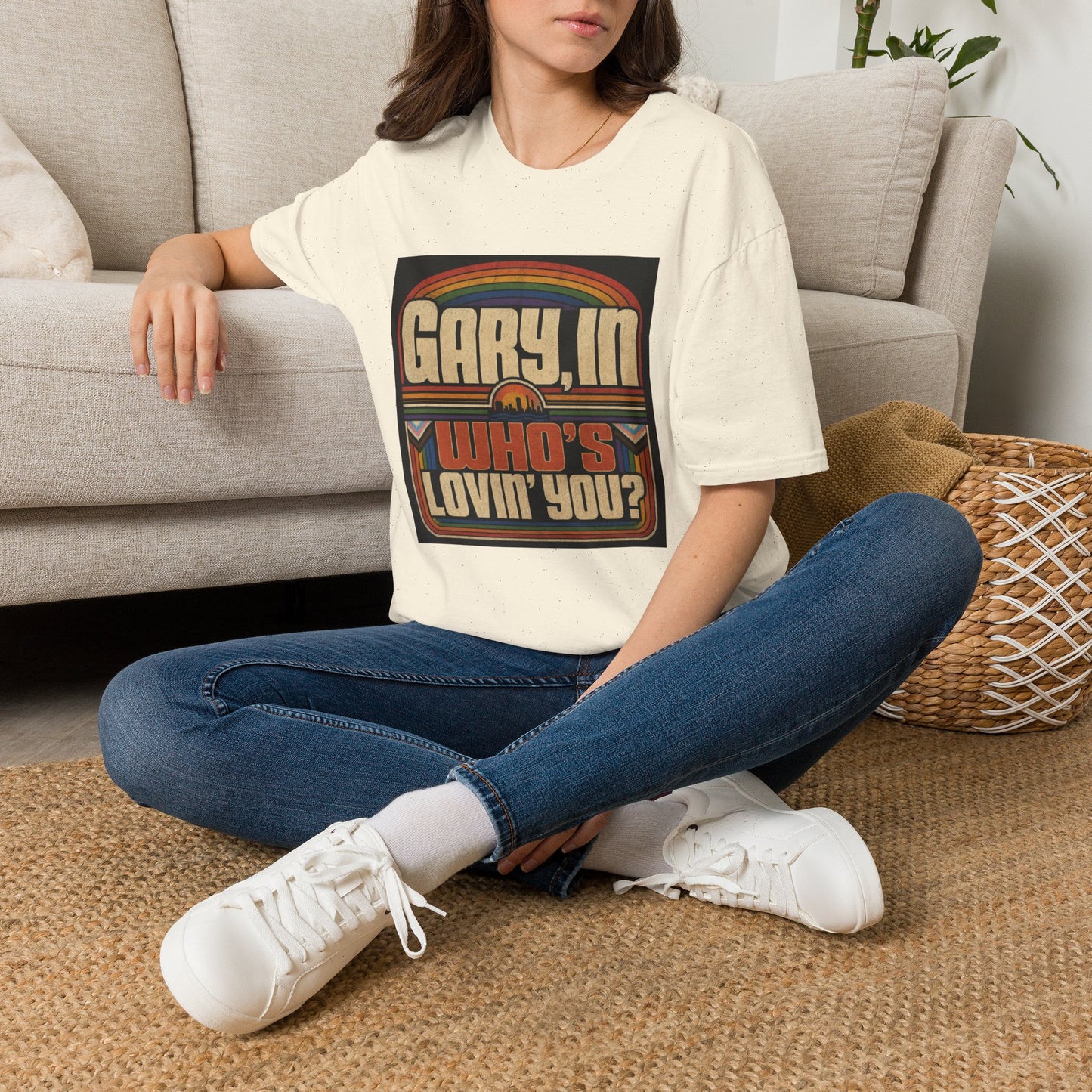 T-Shirt — "Gary, I'm Who's Lovin' You?" Retro Rainbow Design - Pride Month