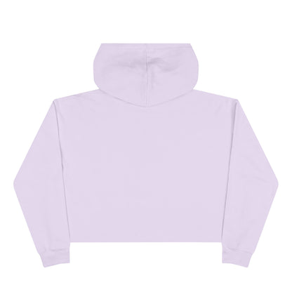 Pink cropped hoodie from Printify, showcasing a yellow and brown "Dixie Square" logo with a ribbon design on the front, reminiscent of the iconic Dixie Square Mall in Harvey, IL from the Blues Brothers era.