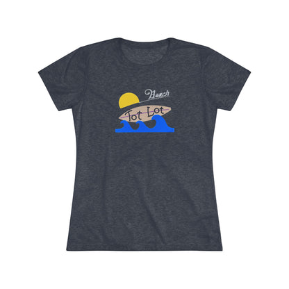 Introducing the Tot Lot Full Sign - Miller Beach - Women's Triblend Tee by Printify! This stylish gray t-shirt features a vintage-inspired design showcasing a setting sun, a surging blue wave, and the phrase "Miller Beach Tot Lot" in eye-catching stylized fonts. Perfect for any casual outing, this beach-themed top exudes a playful and trendy vibe.