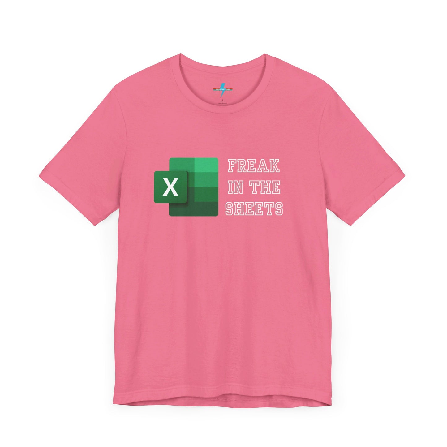 A green Freak in the Sheets - Excel - Unisex Jersey Short Sleeve Tee from Printify, featuring the Microsoft Excel logo on the left. The text next to the logo reads, "FREAK IN THE SHEETS" in white, bold, all-caps letters, making it perfect for spreadsheet enthusiasts. The shirt is laid flat against a plain white background.