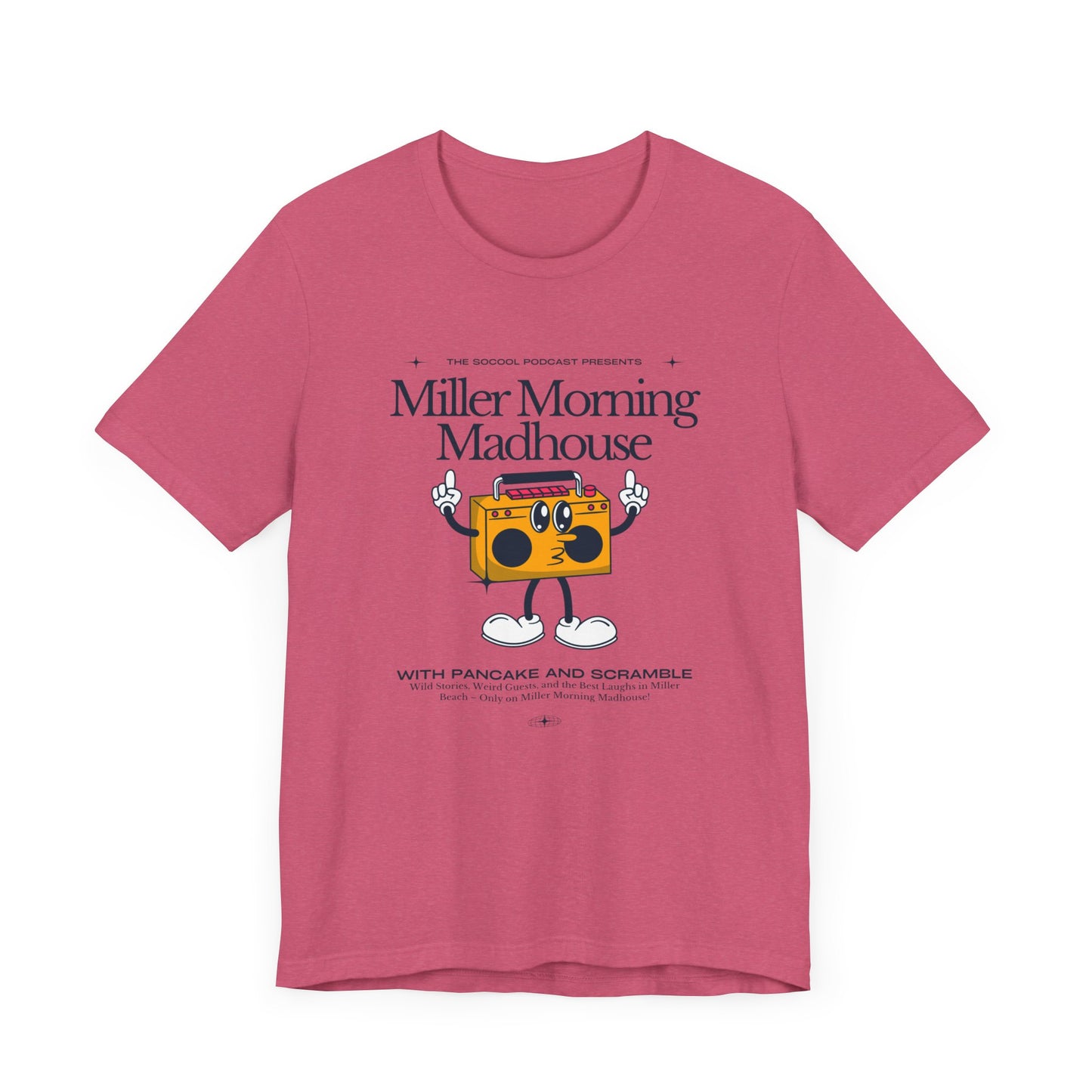 This Printify unisex jersey short sleeve tee in Sand Dune features a playful boombox cartoon character with arms, legs, and sunglasses. Emblazoned with "Miller Morning Madhouse," it highlights podcast details from "The School Podcast Presents.