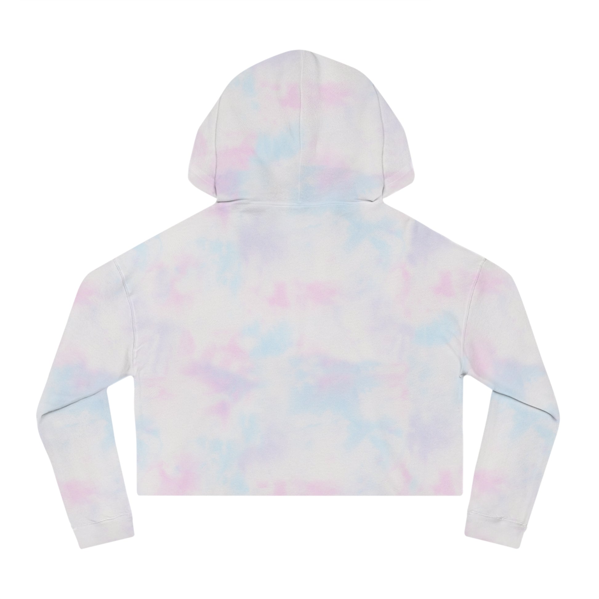 Introducing the Miller Beach Surf Women's Cropped Hooded Sweatshirt by Printify, a white personalized hoodie featuring a pastel tie-dye pattern. The front showcases a bold "Miller Beach" graphic above "Gary, IN" on a vibrant striped background with stylized mountains and waves. This long-sleeve hoodie comes in a trendy cropped style complete with a drawstring hood.