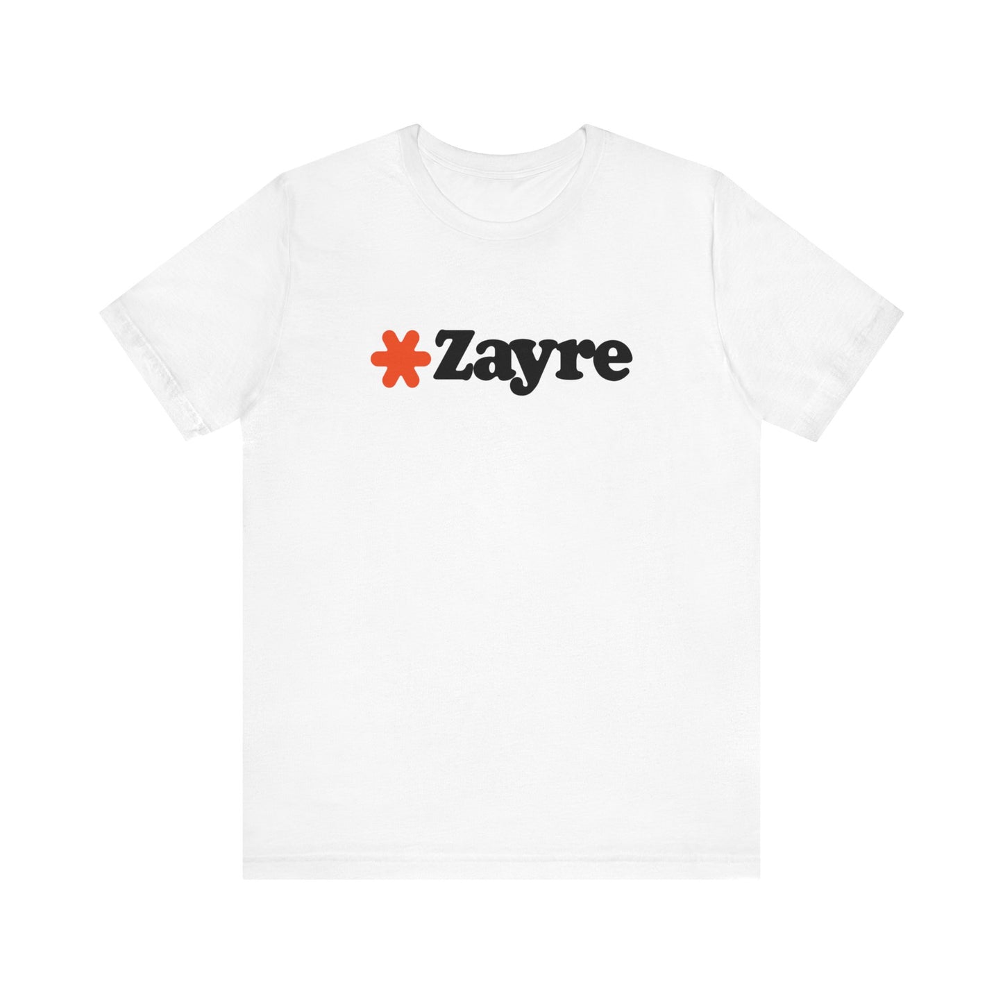 The Zayre Stores Logo - Retro 1980s Unisex Jersey Short Sleeve Tee by Printify features a gray design with the word "Zayre" printed in black letters and a red asterisk preceding the text. Reminiscent of retro fashion from the Zayre 1980s Retail Store, this shirt is displayed against a minimalistic white background and appears to be made of soft, comfortable fabric.